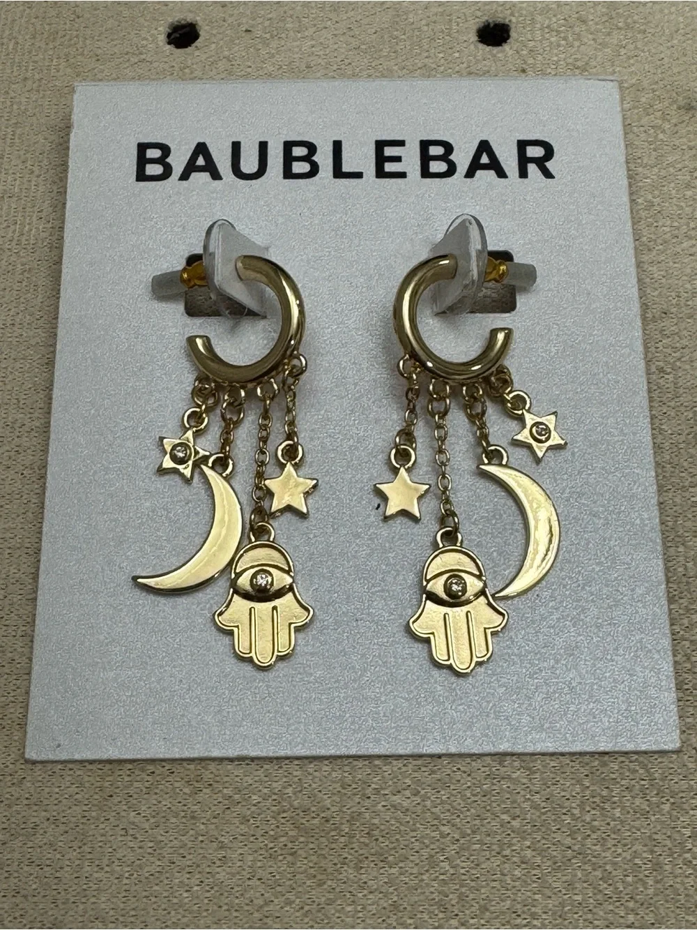 BaubleBar Gold Hamsa Moon & Star Dangle Earrings New in Card.
